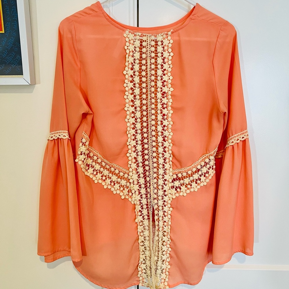 Boho Lace High-Low Blouse - Coral, Size M